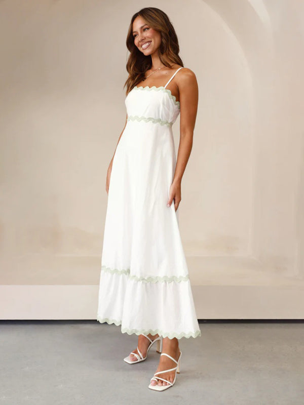 Maxi Dress- Contrast Trim Sleeveless Cami Empire Maxi Dress for Summer- - Pekosa Women Clothing