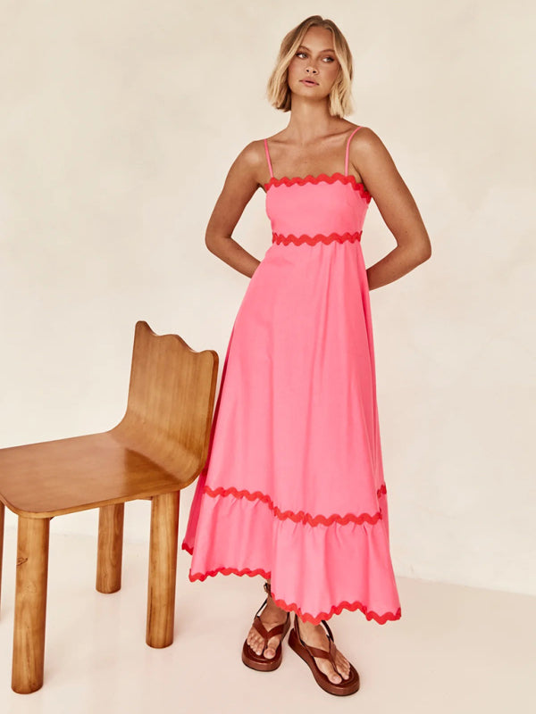 Maxi Dress- Contrast Trim Sleeveless Cami Empire Maxi Dress for Summer- - Pekosa Women Clothing