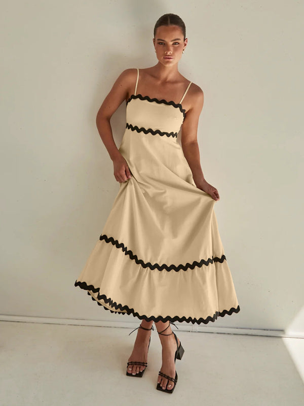 Maxi Dress- Contrast Trim Sleeveless Cami Empire Maxi Dress for Summer- - Pekosa Women Clothing