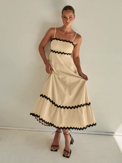Maxi Dress- Contrast Trim Sleeveless Cami Empire Maxi Dress for Summer- - Pekosa Women Clothing