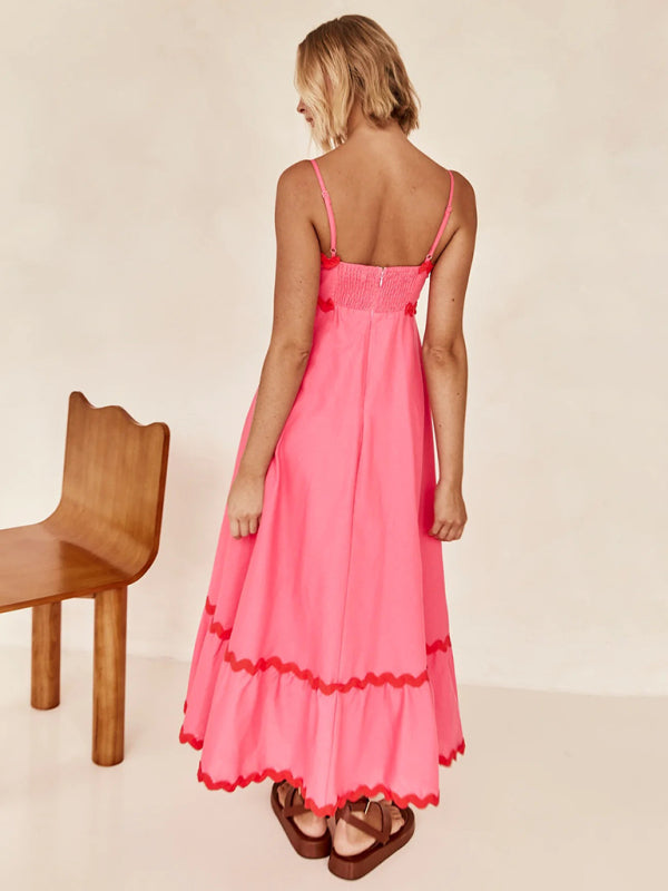 Maxi Dress- Contrast Trim Sleeveless Cami Empire Maxi Dress for Summer- - Pekosa Women Clothing