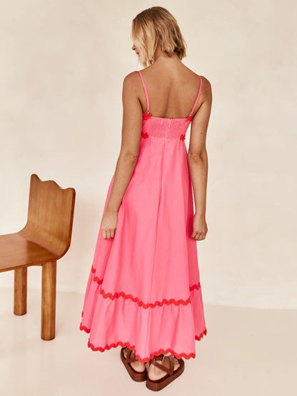 Maxi Dress- Contrast Trim Sleeveless Cami Empire Maxi Dress for Summer- - Pekosa Women Clothing