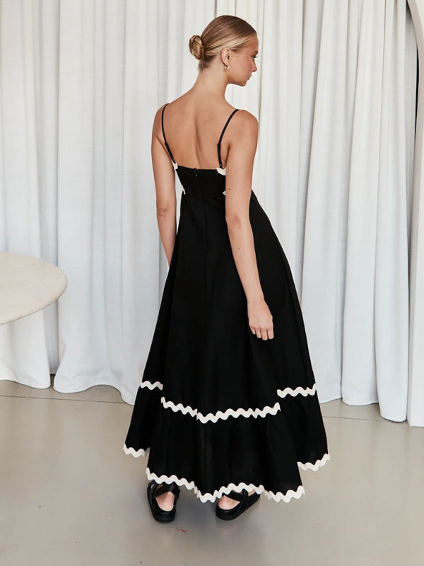 Maxi Dress- Contrast Trim Sleeveless Cami Empire Maxi Dress for Summer- - Pekosa Women Clothing