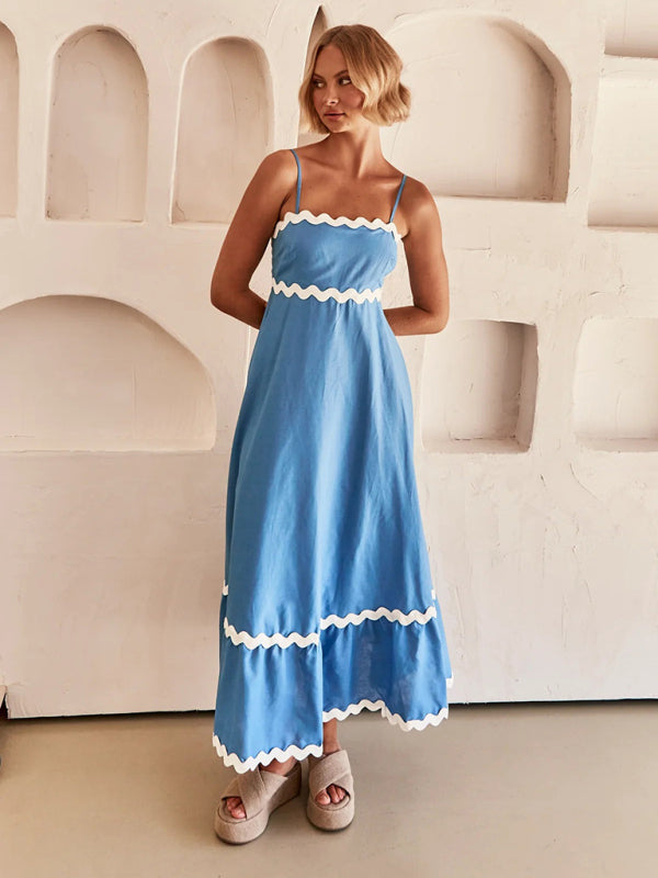 Maxi Dress- Contrast Trim Sleeveless Cami Empire Maxi Dress for Summer- - Pekosa Women Clothing