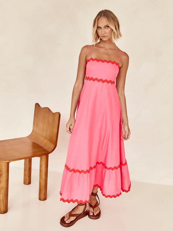 Maxi Dress- Contrast Trim Sleeveless Cami Empire Maxi Dress for Summer- - Pekosa Women Clothing