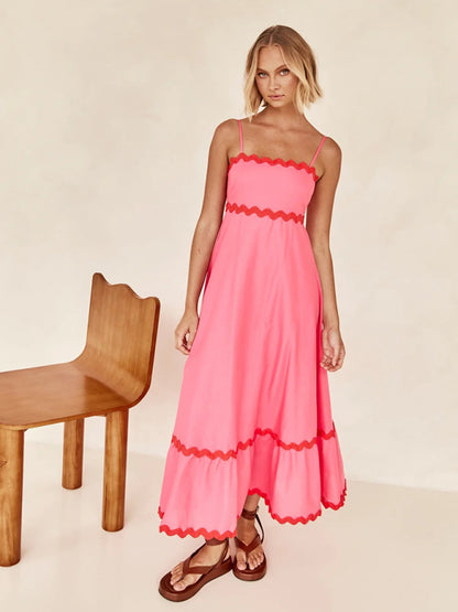 Maxi Dress- Contrast Trim Sleeveless Cami Empire Maxi Dress for Summer- - Pekosa Women Clothing