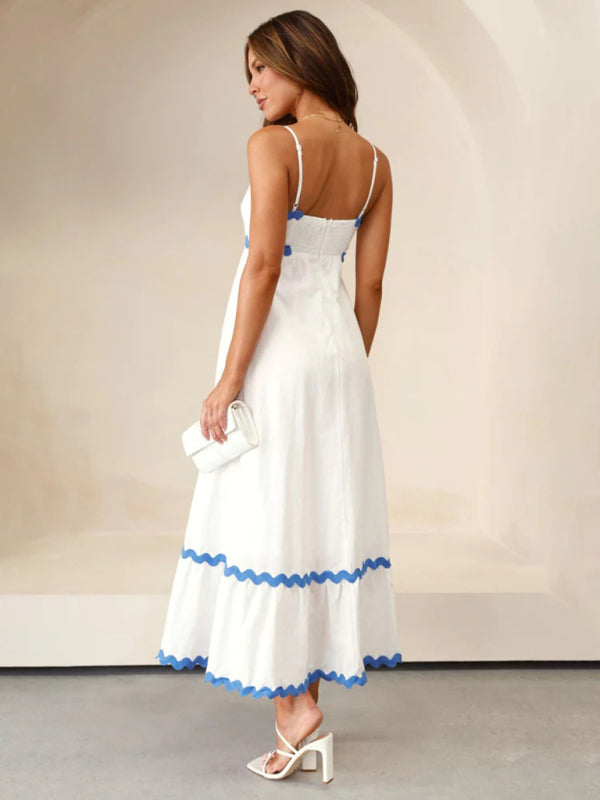 Maxi Dress- Contrast Trim Sleeveless Cami Empire Maxi Dress for Summer- - Pekosa Women Clothing
