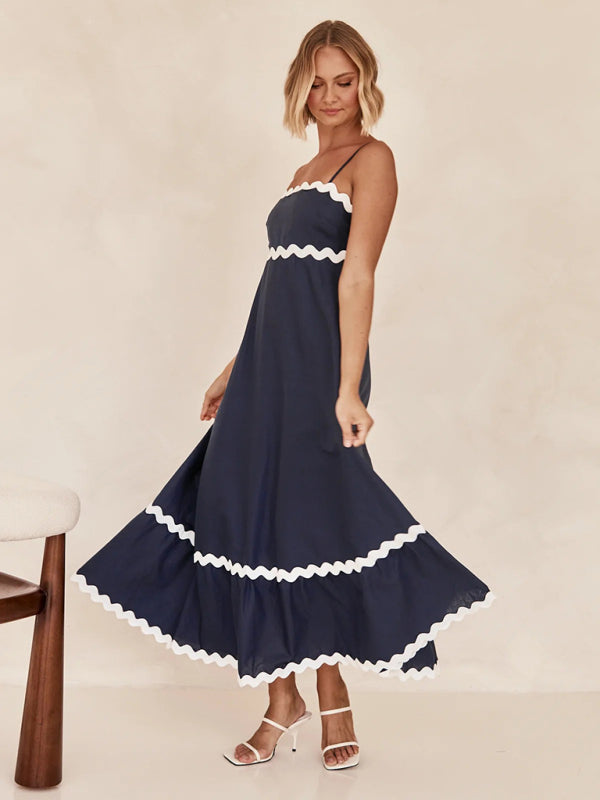 Maxi Dress- Contrast Trim Sleeveless Cami Empire Maxi Dress for Summer- - Pekosa Women Clothing