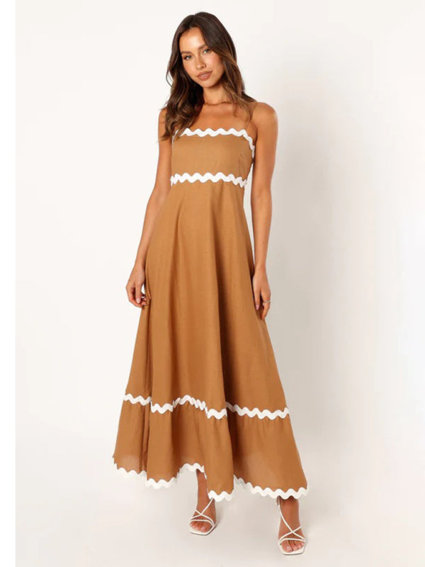Maxi Dress- Contrast Trim Sleeveless Cami Empire Maxi Dress for Summer- Coffee- Pekosa Women Clothing
