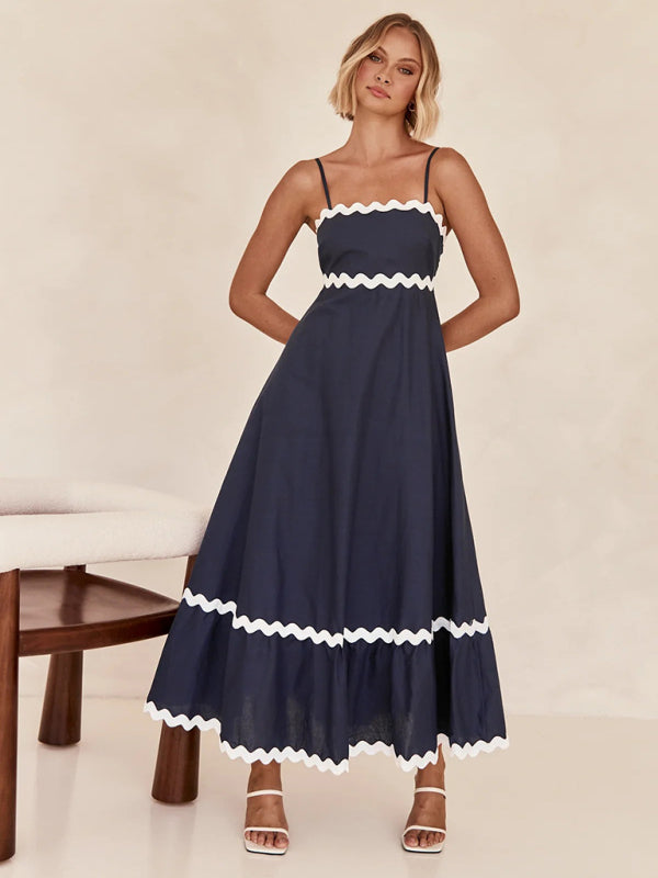 Maxi Dress- Contrast Trim Sleeveless Cami Empire Maxi Dress for Summer- - Pekosa Women Clothing