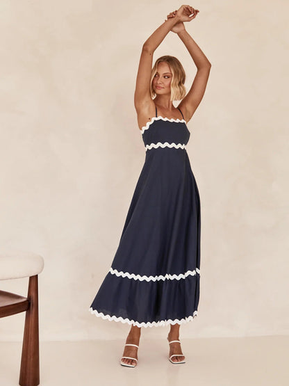 Maxi Dress- Contrast Trim Sleeveless Cami Empire Maxi Dress for Summer- - Pekosa Women Clothing