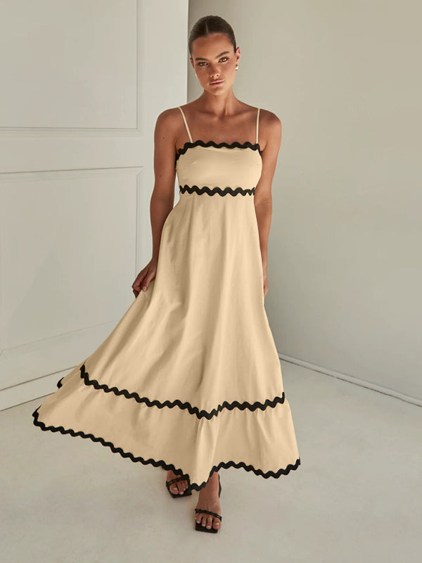 Maxi Dress- Contrast Trim Sleeveless Cami Empire Maxi Dress for Summer- - Pekosa Women Clothing