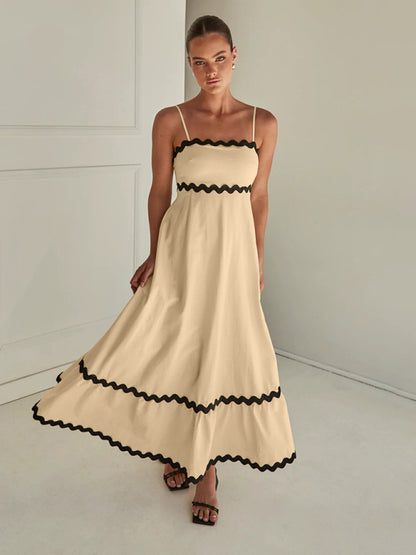 Maxi Dress- Contrast Trim Sleeveless Cami Empire Maxi Dress for Summer- - Pekosa Women Clothing