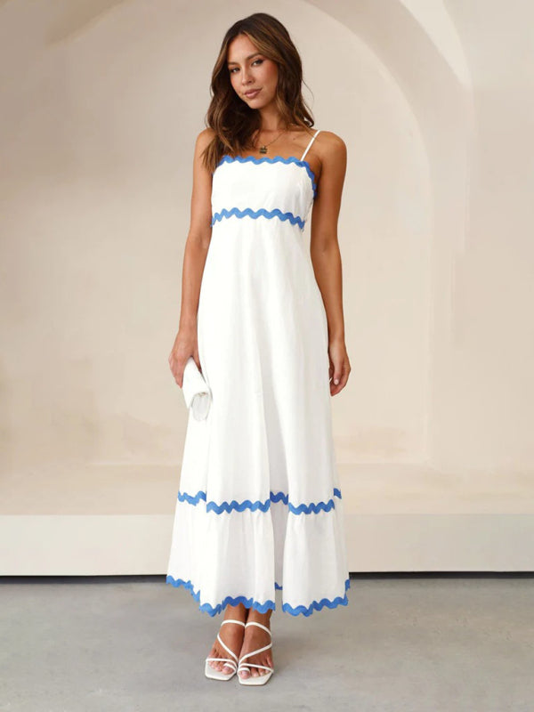 Maxi Dress- Contrast Trim Sleeveless Cami Empire Maxi Dress for Summer- Clear blue- Pekosa Women Clothing