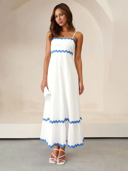 Maxi Dress- Contrast Trim Sleeveless Cami Empire Maxi Dress for Summer- Clear blue- Pekosa Women Clothing