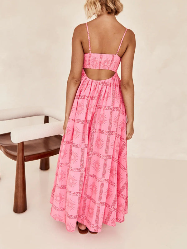 Maxi Dresses- A-Line Cami Maxi Dress in Summer Print with Open Back- - Pekosa Women Clothing