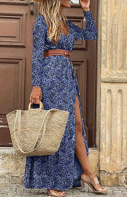 Maxi Dresses- Autumn Floral Wrap Maxi Dress with Belt & Long Sleeve & V-Neck- - Pekosa Women Clothing