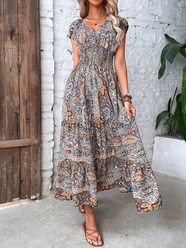 Maxi Dresses- Boho Women's Floral Maxi Dress with Smocked Waist- Purplish red- Pekosa Women Clothing