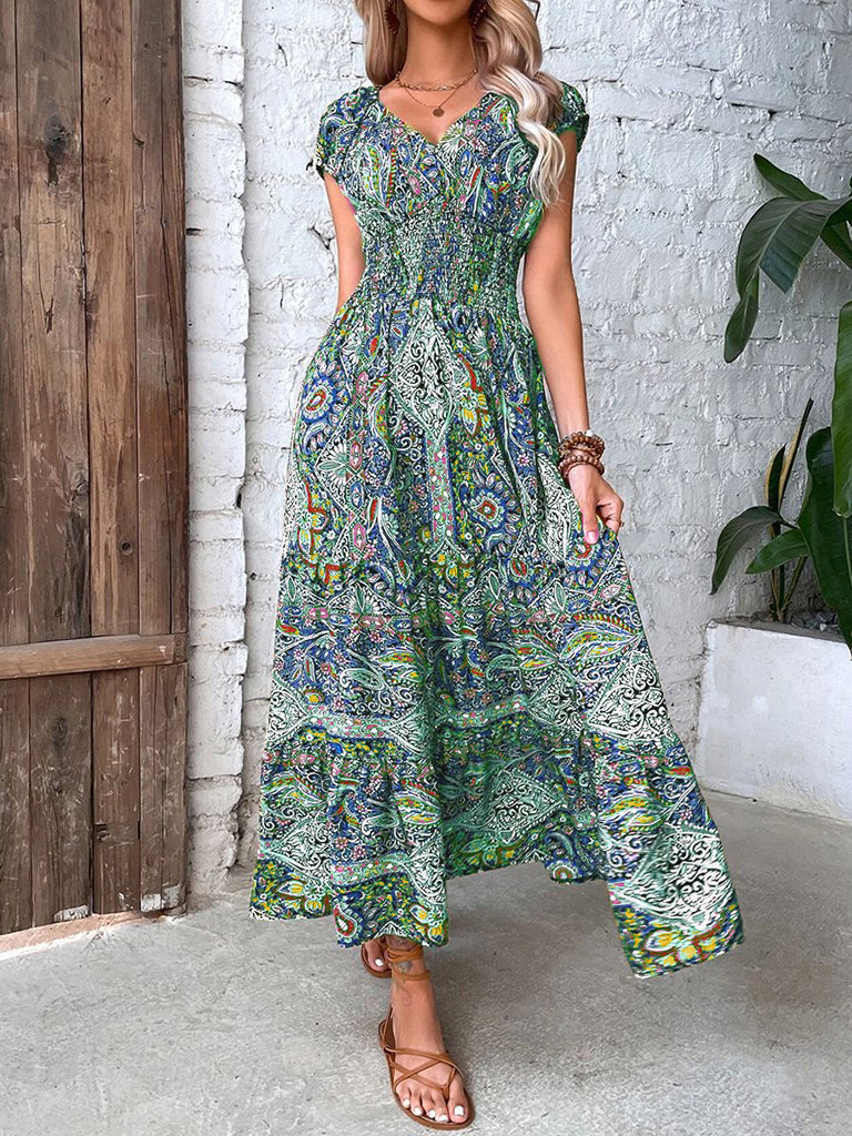 Maxi Dresses- Boho Women's Floral Maxi Dress with Smocked Waist- Olive green- Pekosa Women Clothing
