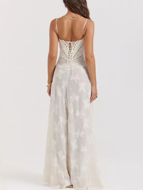 Maxi Dresses- Cocktail Lace-Up Back Fit and Flare Cami Maxi Dress- - Pekosa Women Clothing