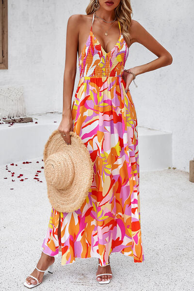 Maxi Dresses- Floral Tie-Back Smocked A-Line Cami Maxi Dress with Slit Side- - Pekosa Women Clothing
