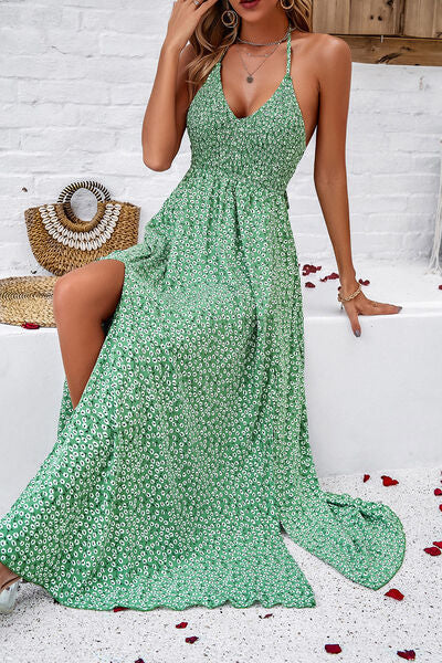Maxi Dresses- Floral Tie-Back Smocked A-Line Cami Maxi Dress with Slit Side- - Pekosa Women Clothing