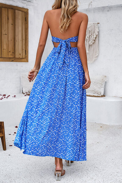 Maxi Dresses- Floral Tie-Back Smocked A-Line Cami Maxi Dress with Slit Side- - Pekosa Women Clothing