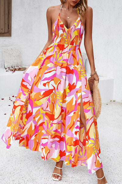 Maxi Dresses- Floral Tie-Back Smocked A-Line Cami Maxi Dress with Slit Side- - Pekosa Women Clothing
