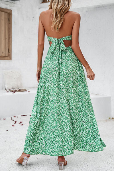 Maxi Dresses- Floral Tie-Back Smocked A-Line Cami Maxi Dress with Slit Side- - Pekosa Women Clothing