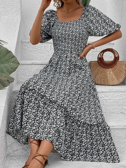 Maxi Dresses- Lace-Up Back Floral Maxi Dress for Summer- - Pekosa Women Clothing