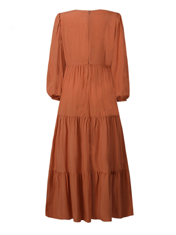 Maxi Dresses- Solid Autumn Tiered Ruffle Long Sleeve Maxi Dress- - Pekosa Women Clothing