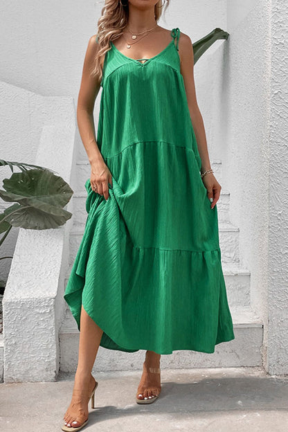 Maxi Dresses- Solid Tie-Shoulder Cami Tiered Maxi Dress with V Open Back- - Pekosa Women Clothing