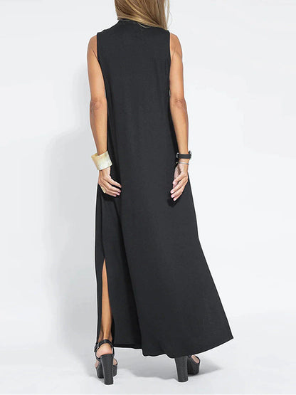 Maxi Dresses- Vacation Essential: Sleeveless V Neck Maxi Dress with Side Slits- - Pekosa Women Clothing