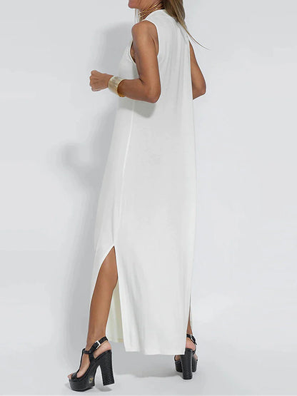 Maxi Dresses- Vacation Essential: Sleeveless V Neck Maxi Dress with Side Slits- - Pekosa Women Clothing
