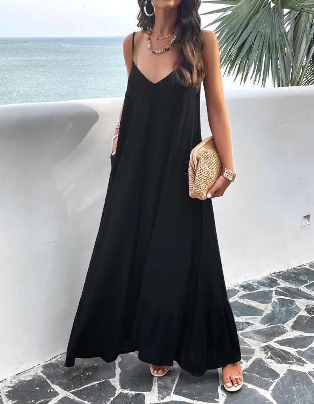 Maxi Dresses- Vacation Summer Flowy Cami Maxi Dress- Black- Pekosa Women Clothing