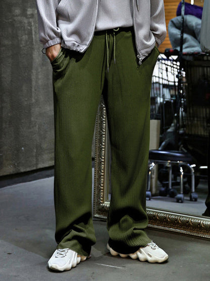 Men Pants- Men’s Ribbed Lounge Trousers - Loose Straight-Leg Pants- Olive green- Pekosa Women Fashion