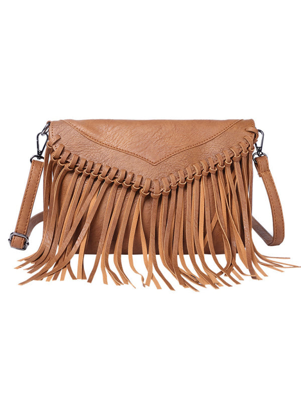 Messenger Bags- Faux Leather Fringe Messenger Bag - Envelope Purse- - Pekosa Women Clothing