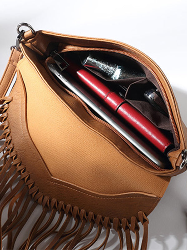 Messenger Bags- Faux Leather Fringe Messenger Bag - Envelope Purse- - Pekosa Women Clothing