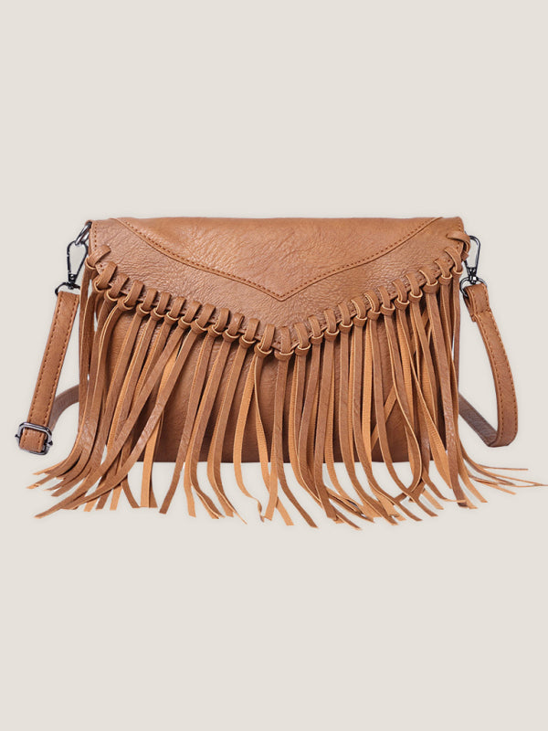 Messenger Bags- Faux Leather Fringe Messenger Bag - Envelope Purse- Brown- Pekosa Women Clothing
