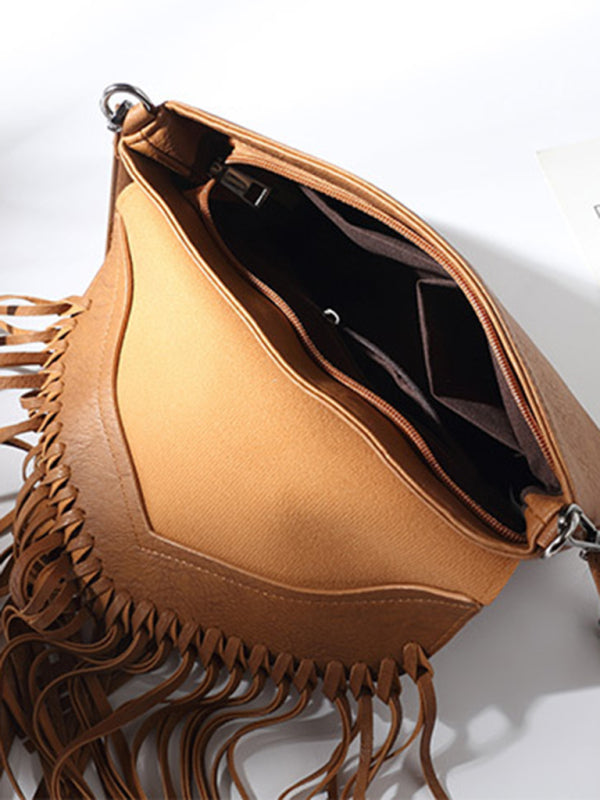 Messenger Bags- Faux Leather Fringe Messenger Bag - Envelope Purse- - Pekosa Women Clothing