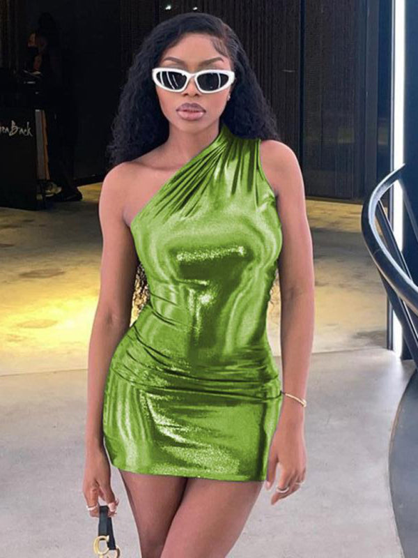 Metalic dresses- Metallic One Shoulder Bodycon Mini Dress- Green- Pekosa Women Clothing