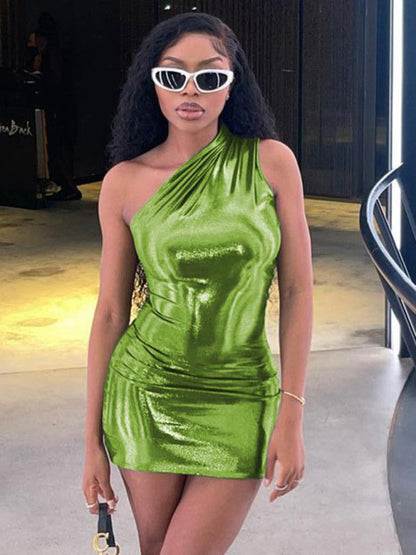 Metalic dresses- Metallic One Shoulder Bodycon Mini Dress- Green- Pekosa Women Clothing
