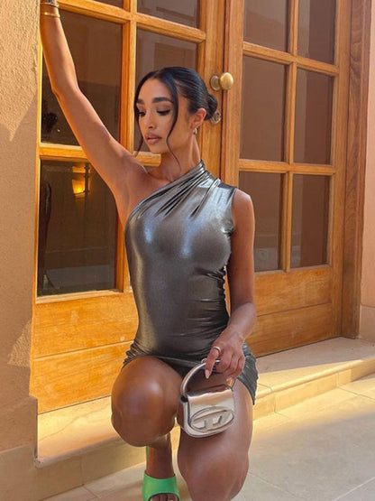Metalic dresses- Metallic One Shoulder Bodycon Mini Dress- - Pekosa Women Clothing