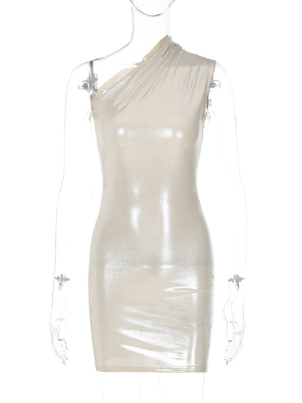 Metalic dresses- Metallic One Shoulder Bodycon Mini Dress- - Pekosa Women Clothing