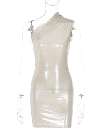 Metalic dresses- Metallic One Shoulder Bodycon Mini Dress- - Pekosa Women Clothing