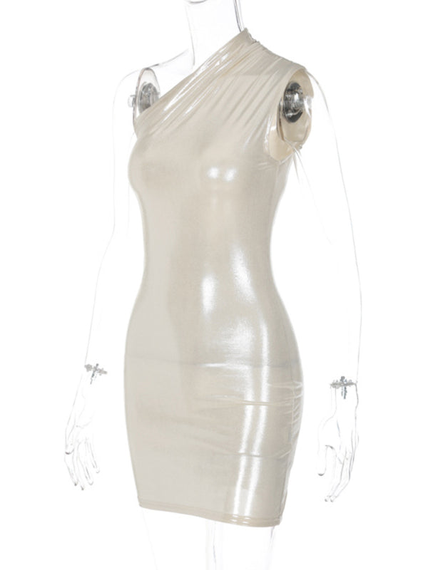Metalic dresses- Metallic One Shoulder Bodycon Mini Dress- - Pekosa Women Clothing