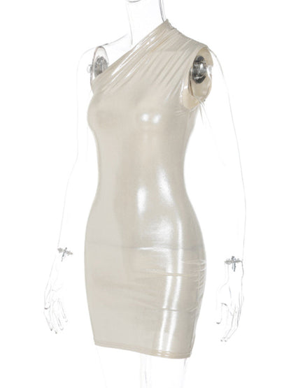 Metalic dresses- Metallic One Shoulder Bodycon Mini Dress- - Pekosa Women Clothing
