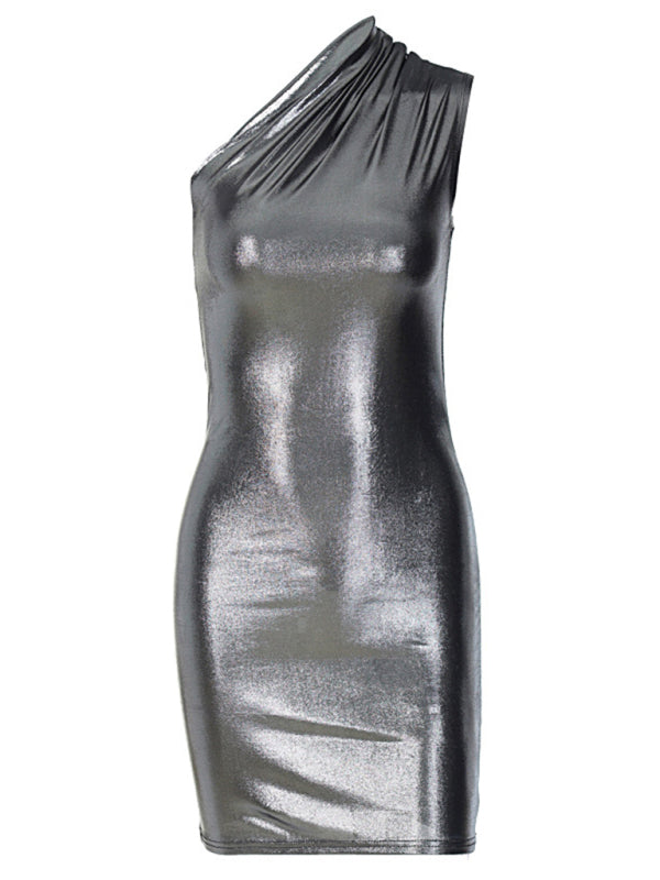 Metalic dresses- Metallic One Shoulder Bodycon Mini Dress- - Pekosa Women Clothing