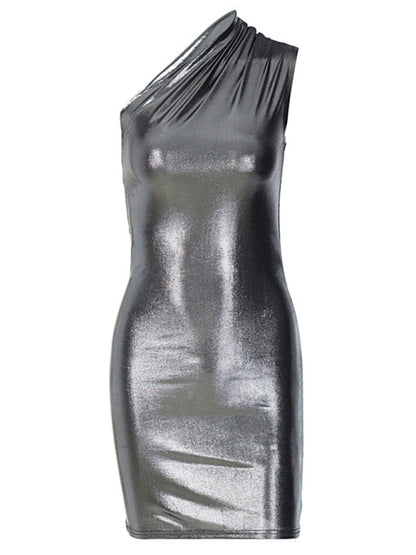 Metalic dresses- Metallic One Shoulder Bodycon Mini Dress- - Pekosa Women Clothing