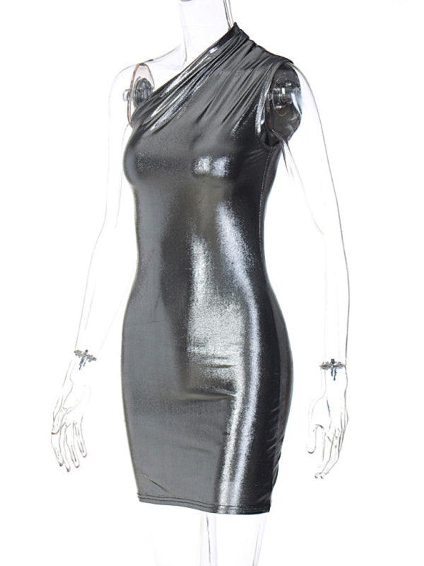 Metalic dresses- Metallic One Shoulder Bodycon Mini Dress- - Pekosa Women Clothing
